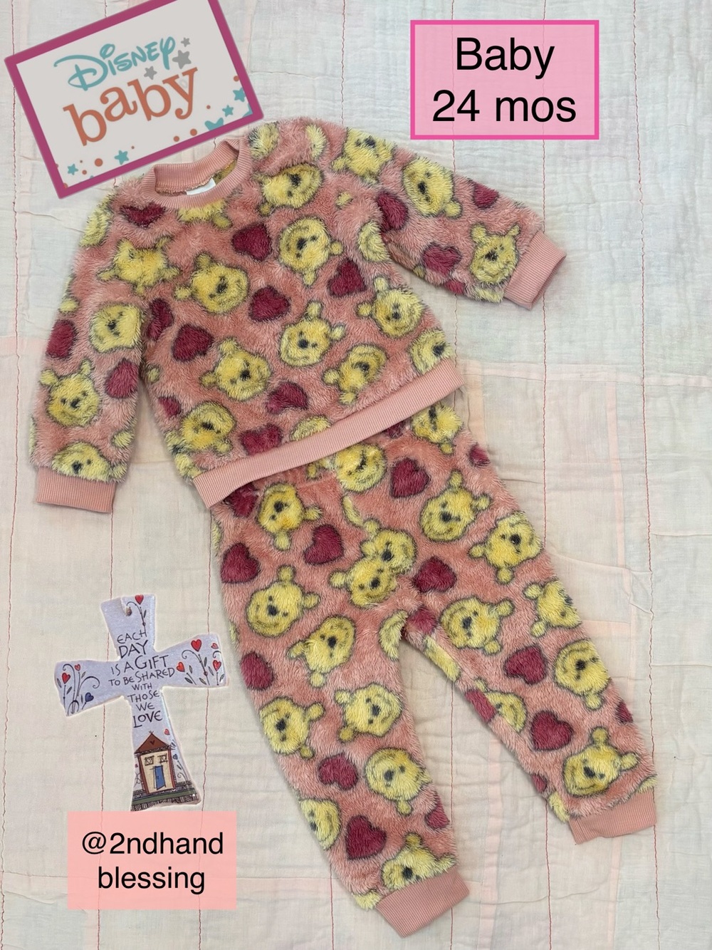 Disney Baby Winnie the Pooh Fleece Two-Piece Set, 24M, Pink Yellow, Hearts